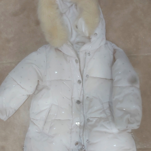 Zara 18-×4 month light pink metallic bow puffer jacket heavy winter EUC - Picture 1 of 4